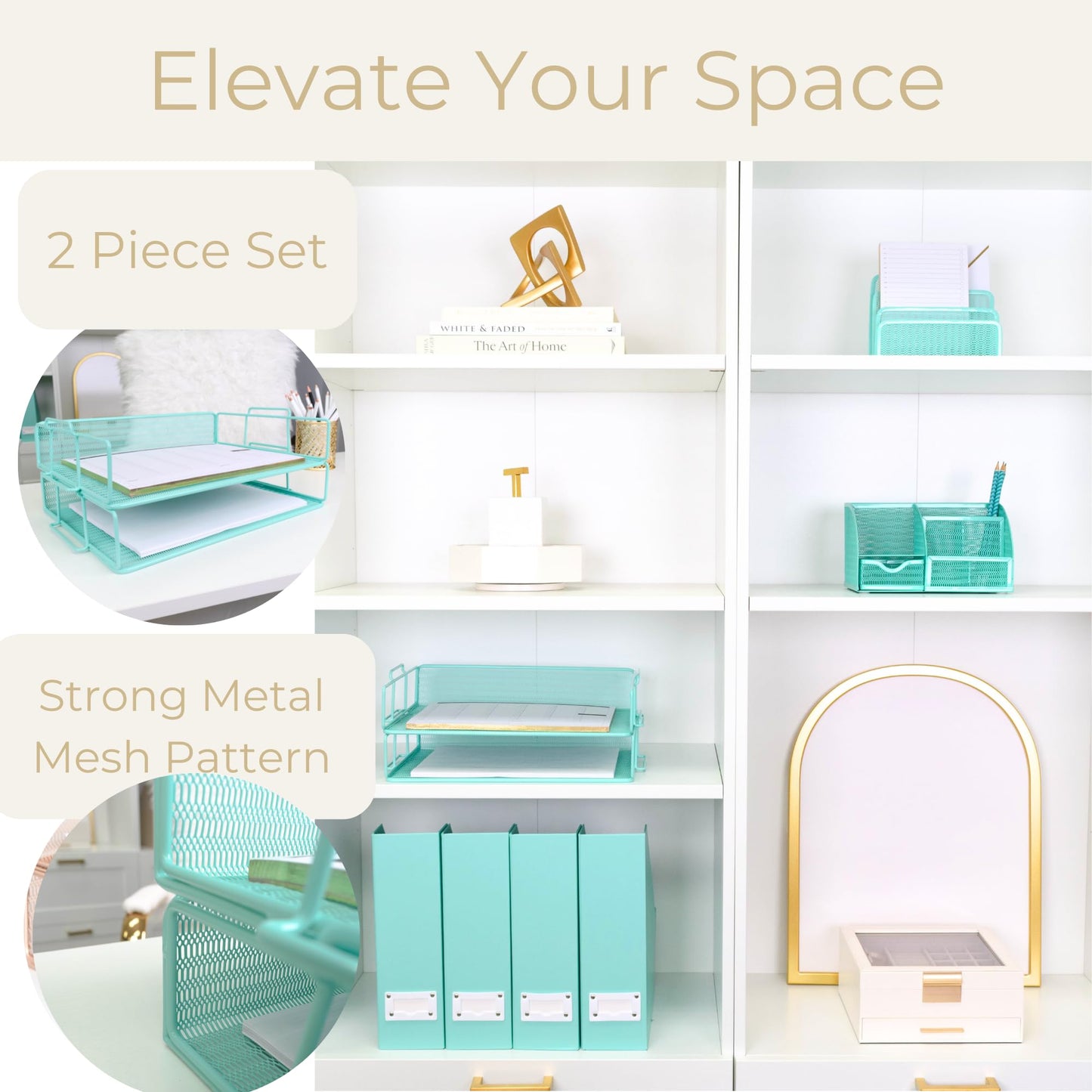 BLU MONACO Aqua Mesh Paper Tray Set of 2 | Stackable Letter Trays for Desk Storage | Metal Document