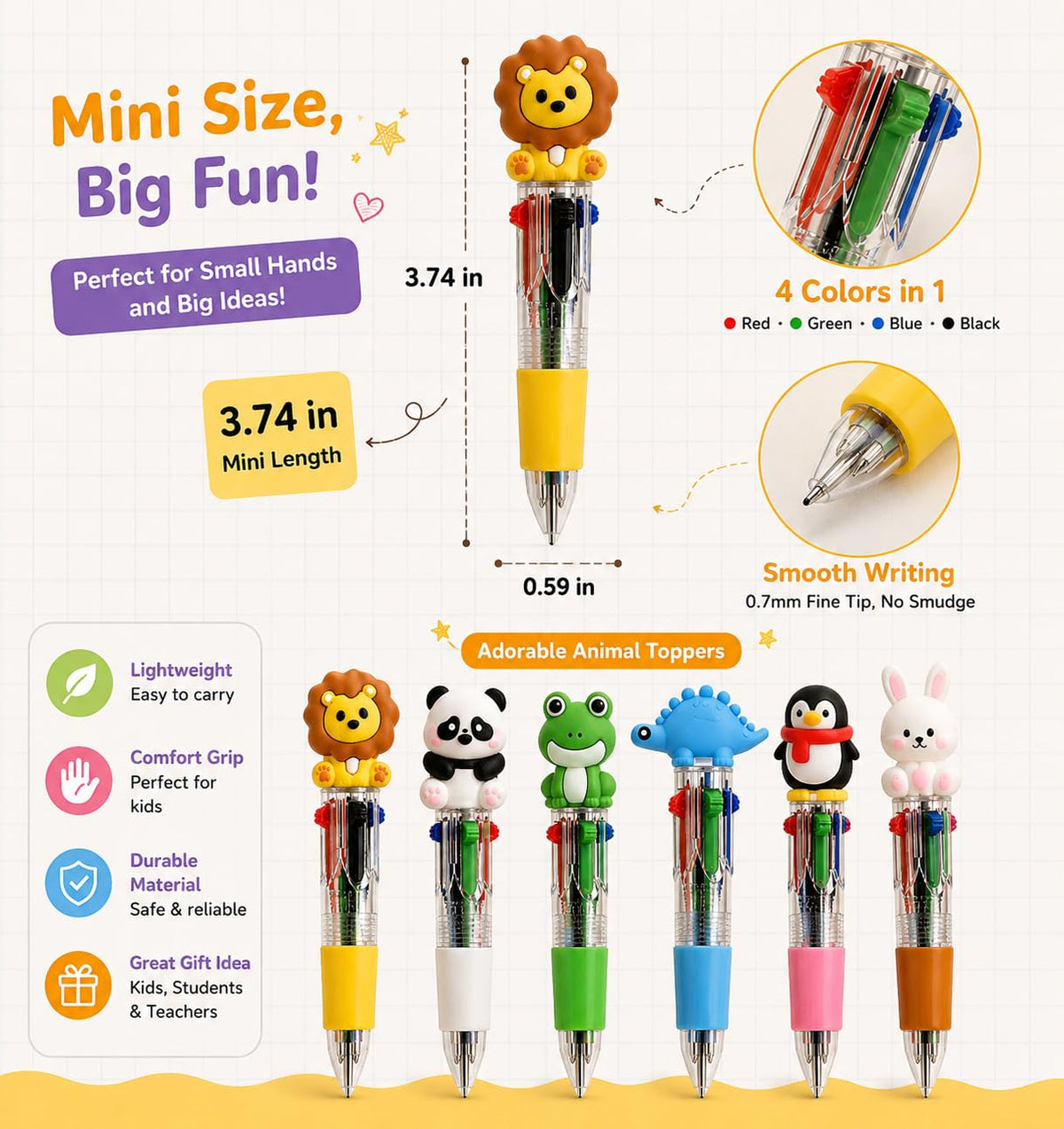 Mini Multicolor Pens -30 Pack Kawaii Animal 4 in 1 Colors Ballpoint Pens for Office