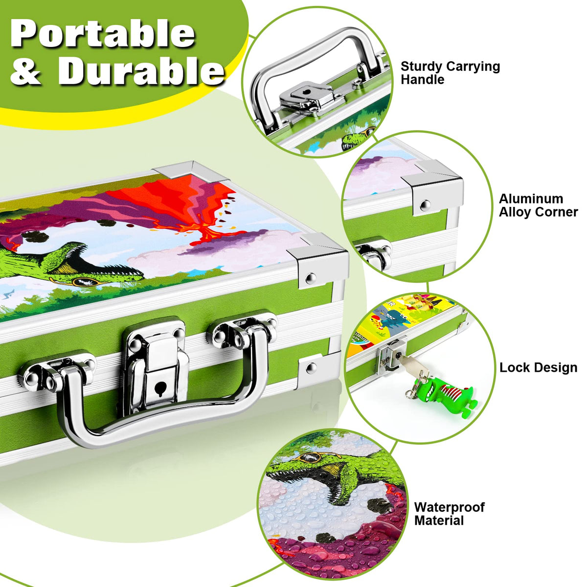 JYPS Dinosaur Pencil Box for Boys & Girls, Lock Box with Portable Handle and Dinosaur Keychain