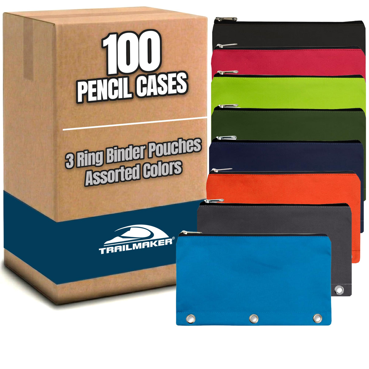 Trail maker 100 Pack 10.25 Inch Solid Color Zippered 3-Ring Binder Pencil Cases for Pens, Pencils
