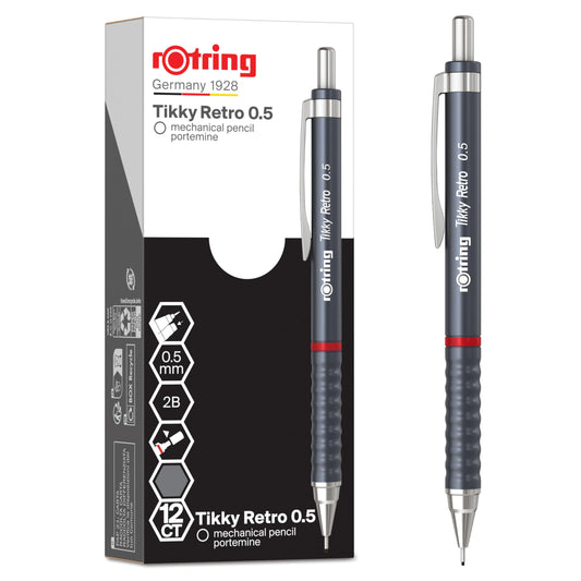 rOtring Tikky Retro Mechanical Pencils | 2B 0.5 mm | Grey Barrels | with Comfort Rippled Grip | 12