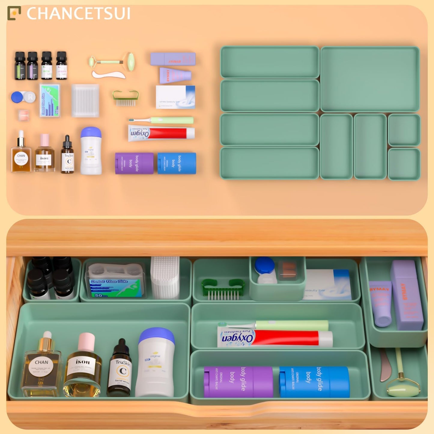 CHANCETSUI 9 Pcs Stackable Drawer Organizer Trays Set, Green, Multifunctional Storage for Vanity