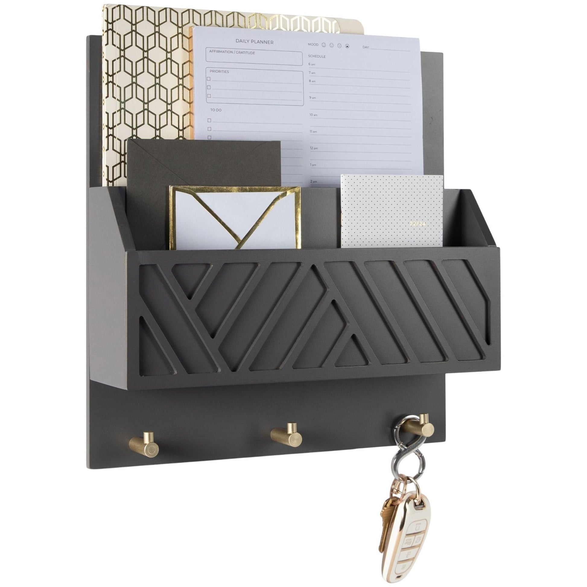 BLU MONACO | Wall-Mounted Mail and Key Holder in Grey Wood | Two-Tier Mail Organizer with Gold