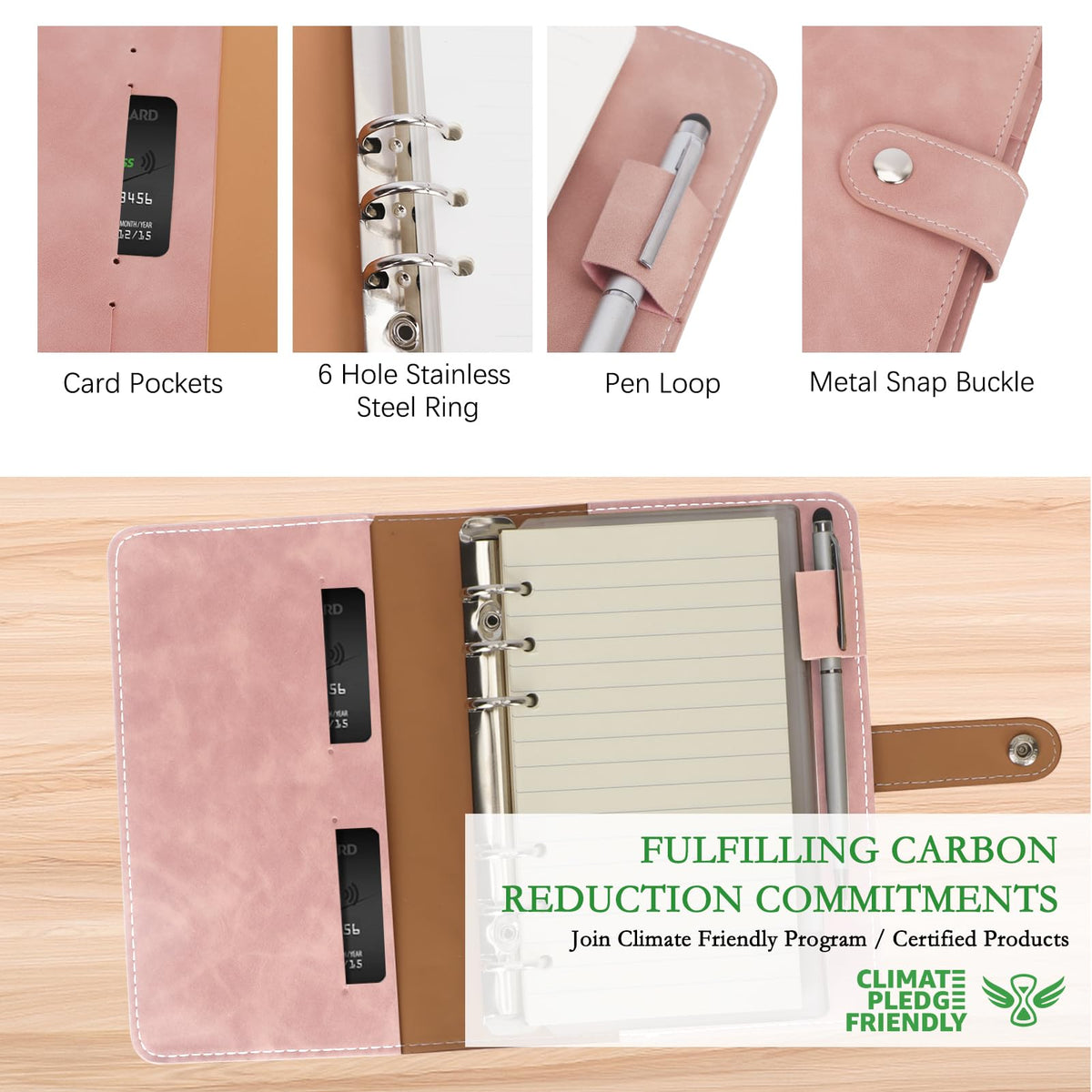 FYY A6 Binder Refillable Planner Notebook 6 Ring, Pink