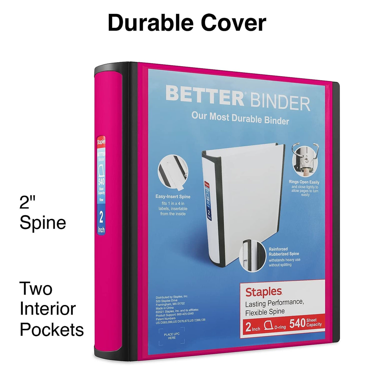 Staples Better Binder, 2-Inch D-Ring View, Pink, Holds 450 Sheets