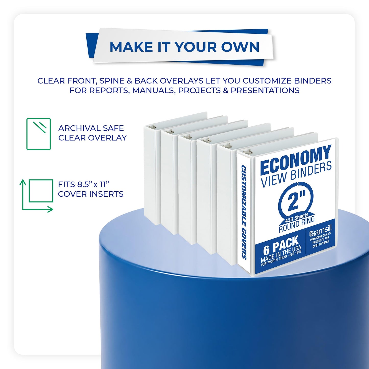 Samsill 2 Inch 3 Ring Binders, Economy Round Ring, Clear View Cover, 425 Sheet Capacity - for