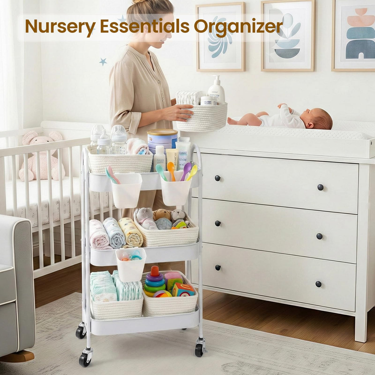 3-Tier Rolling Utility Cart with 4 Woven Baskets, Diaper Book Snack Cart, Storage Organizer for