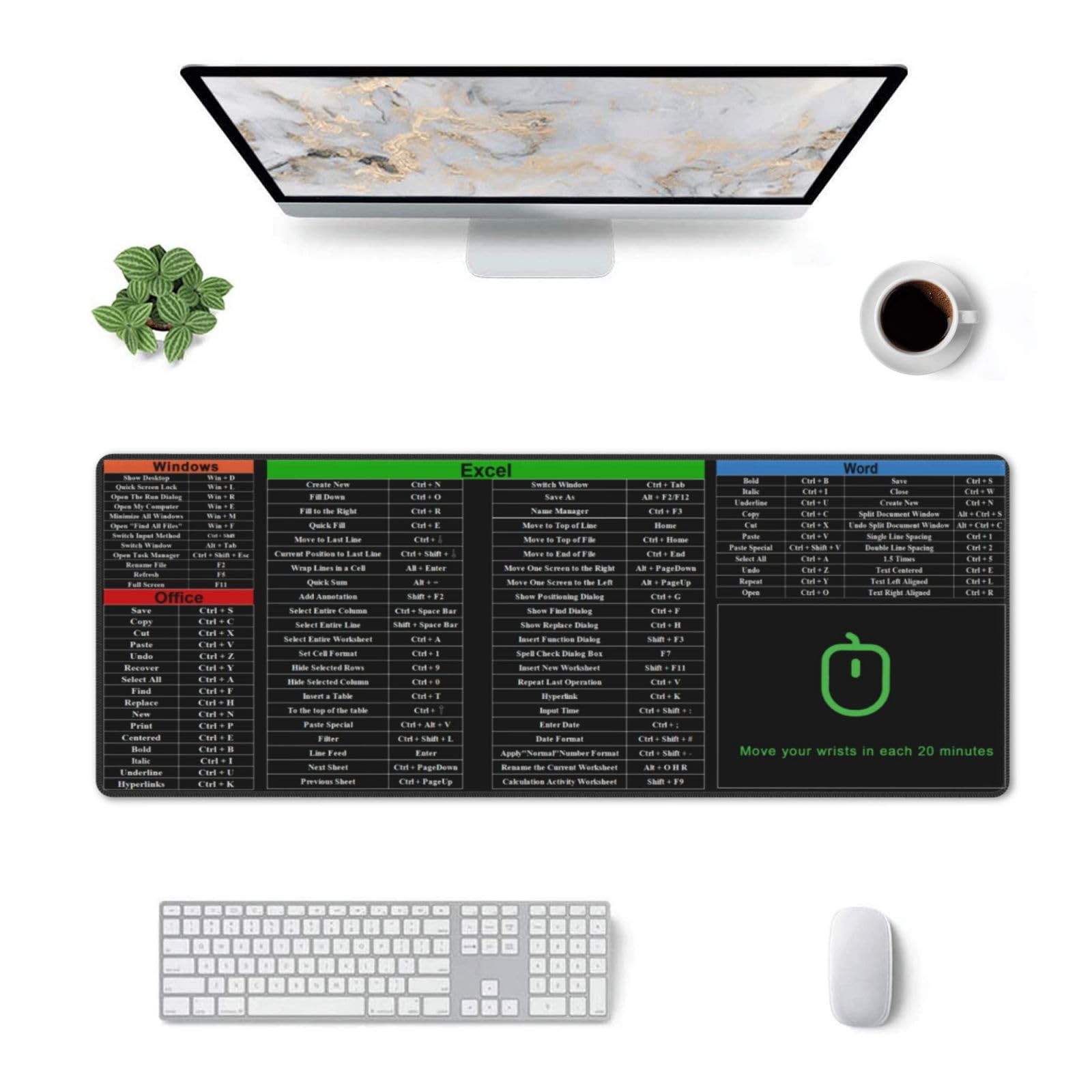 Excel Shortcut Mouse Pad XL Extended Desk Mat, Computer Mousepad