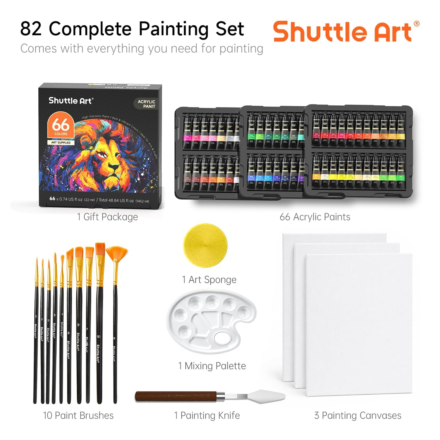 82 Pack Acrylic Paint Set, Shuttle Art 66 Colors Acrylic Paint with 10 Brushes, 22ml/0.74oz Tubes