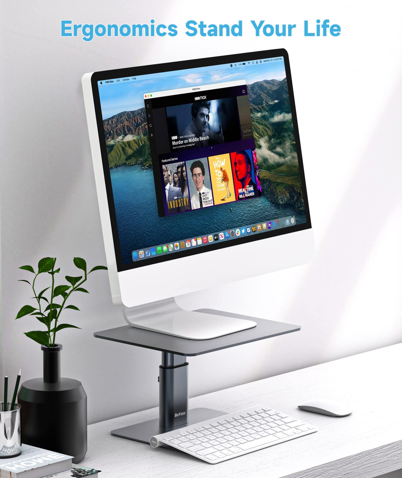 BoYata Monitor Stand, Adjustable Height Metal Desktop Riser, Space Gray