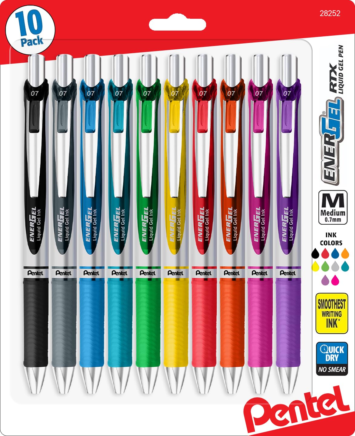 Pentel EnerGel 0.7 MM RTX Retractable Liquid Gel Pen, 10 Pack of New Assorted ink Colors, Metal