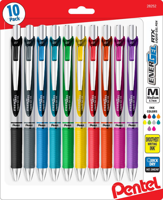 Pentel EnerGel 0.7 MM RTX Retractable Liquid Gel Pen, 10 Pack of New Assorted ink Colors, Metal
