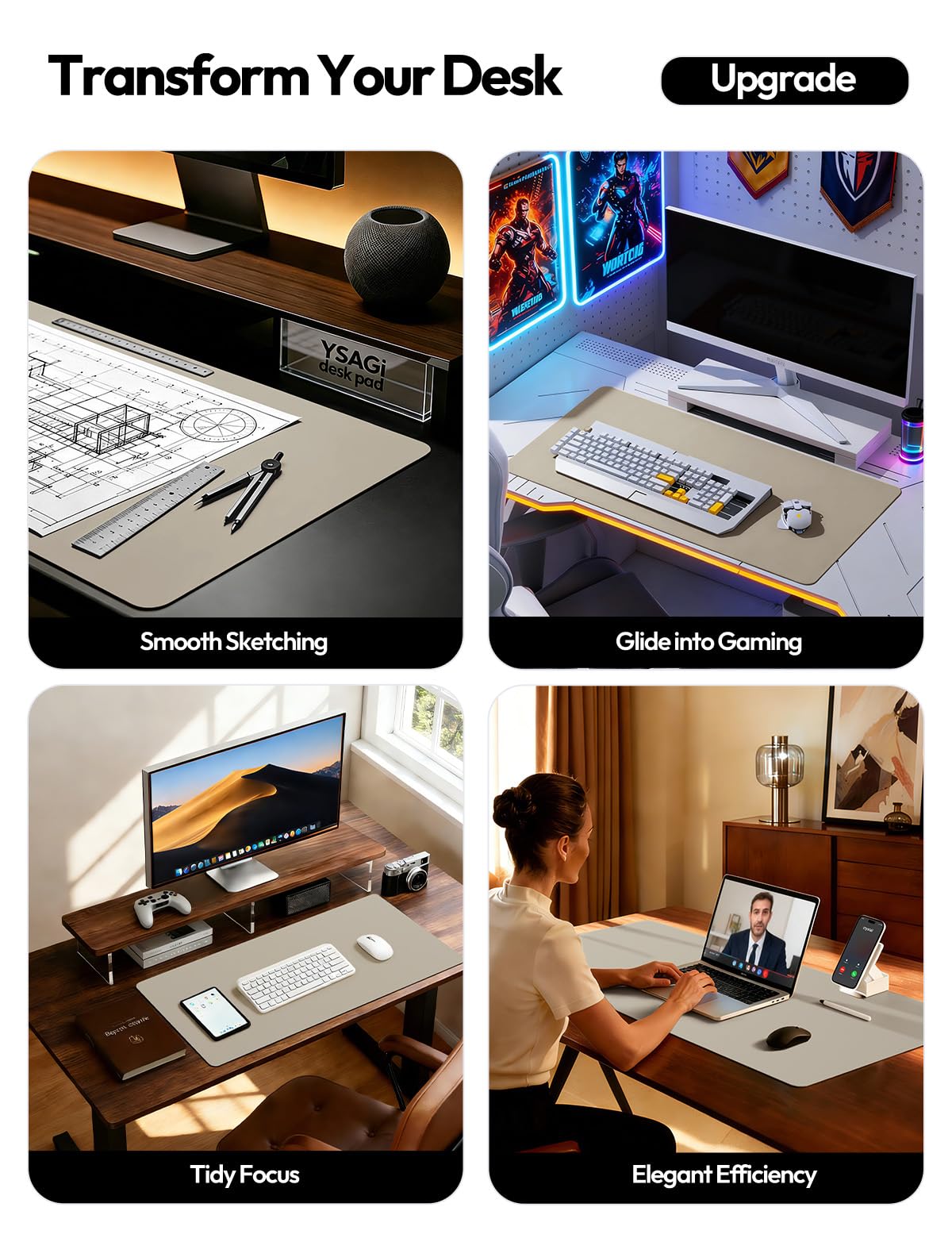 YSAGi Leather Desk Protector, Office Mat, Large Mouse Mat, Non-Slip PU Leather Blotter, Laptop Pad