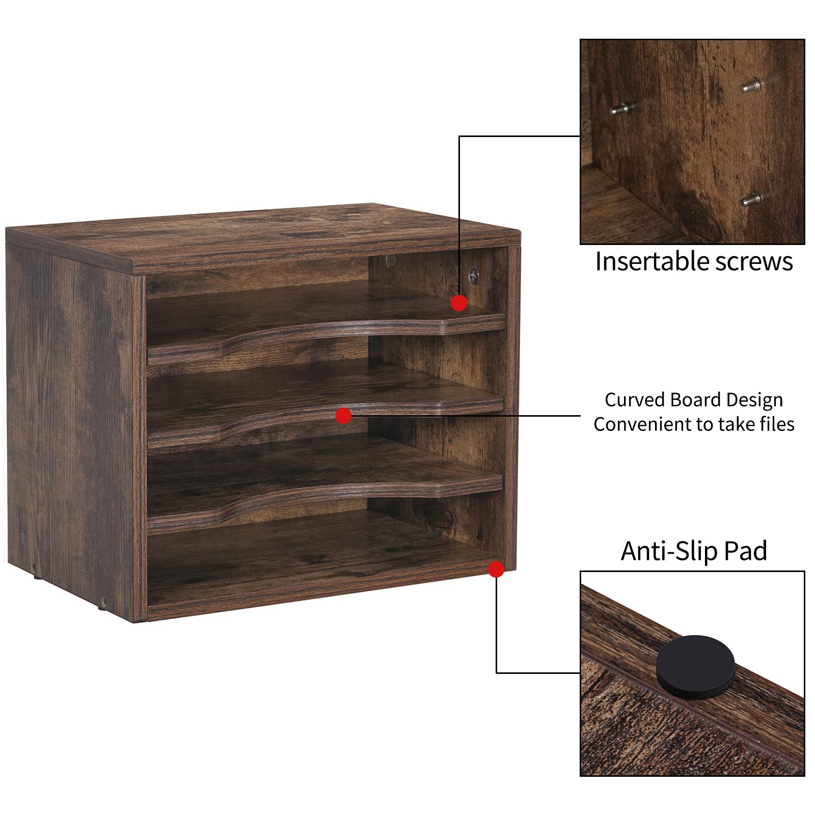 Snughome Vintage Wood File Organizer Desktop, 13.4’’ Document Letter Mail Tray Sorter with 3