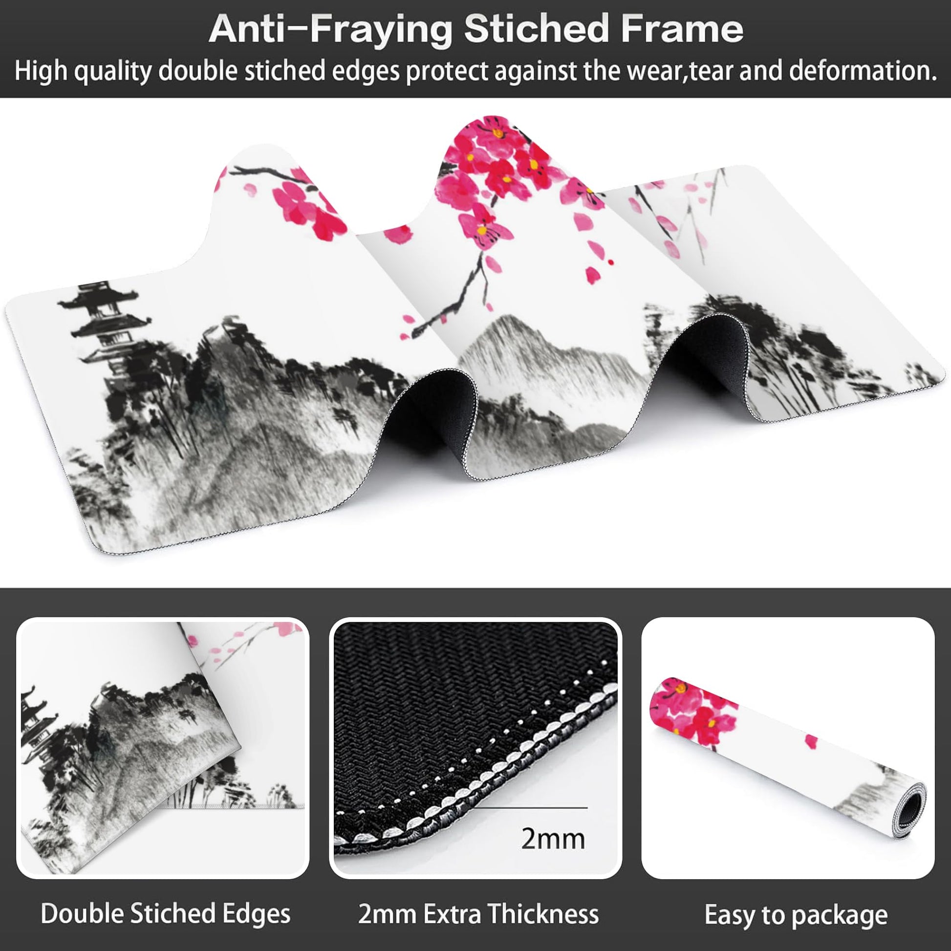 Chinese Ink Painting Desk Mat,Large Abstract Landscape Painting Gaming Keyboard Mouse Pad,Non-Slip