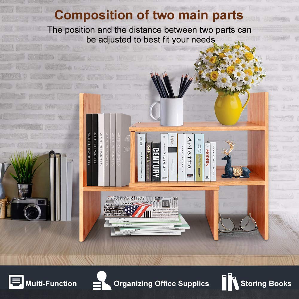 Sorfity Adjustable Desktop Bookshelf, Desk Organizer Display Shelf Counter Top Bookcase Free Style