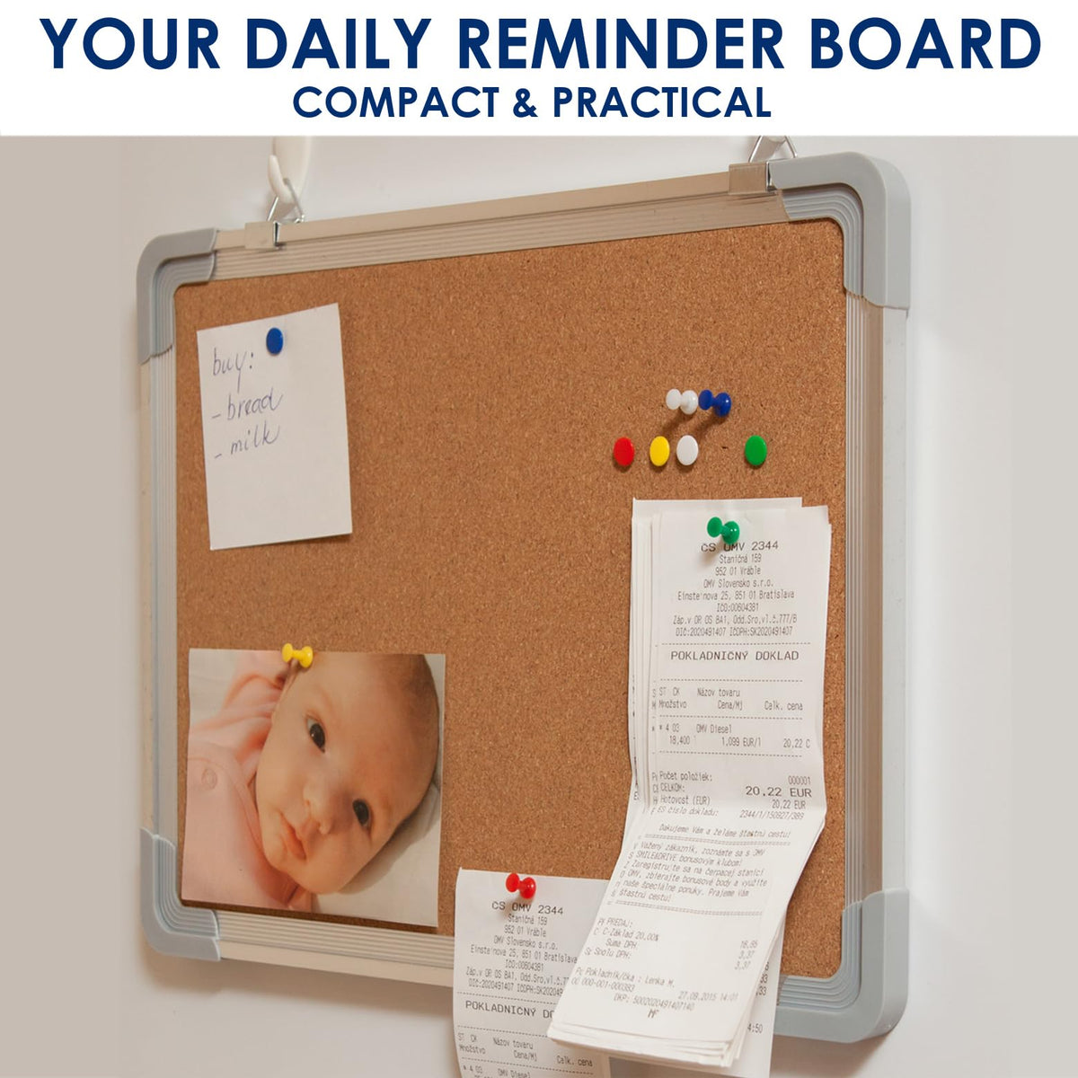 Cork Board 16x12 in, Framed Wall Hanging Bulletin Board with 10 Thumb Tacks