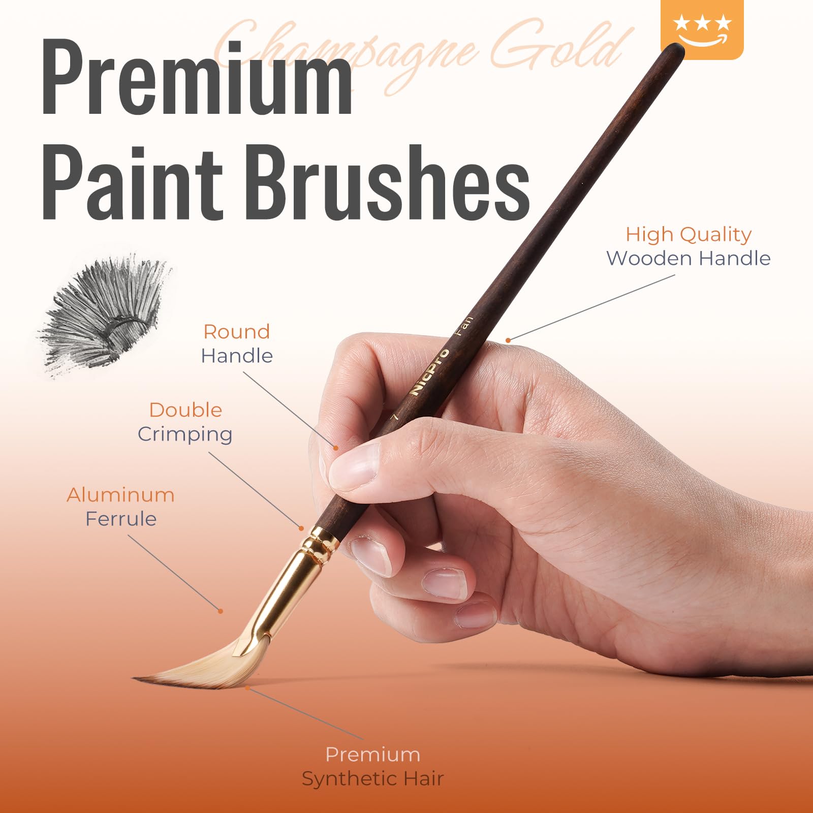 Nicpro 36pcs Paint Brush Set for Acrylic Painting,Oil, Watercolor (Golden)