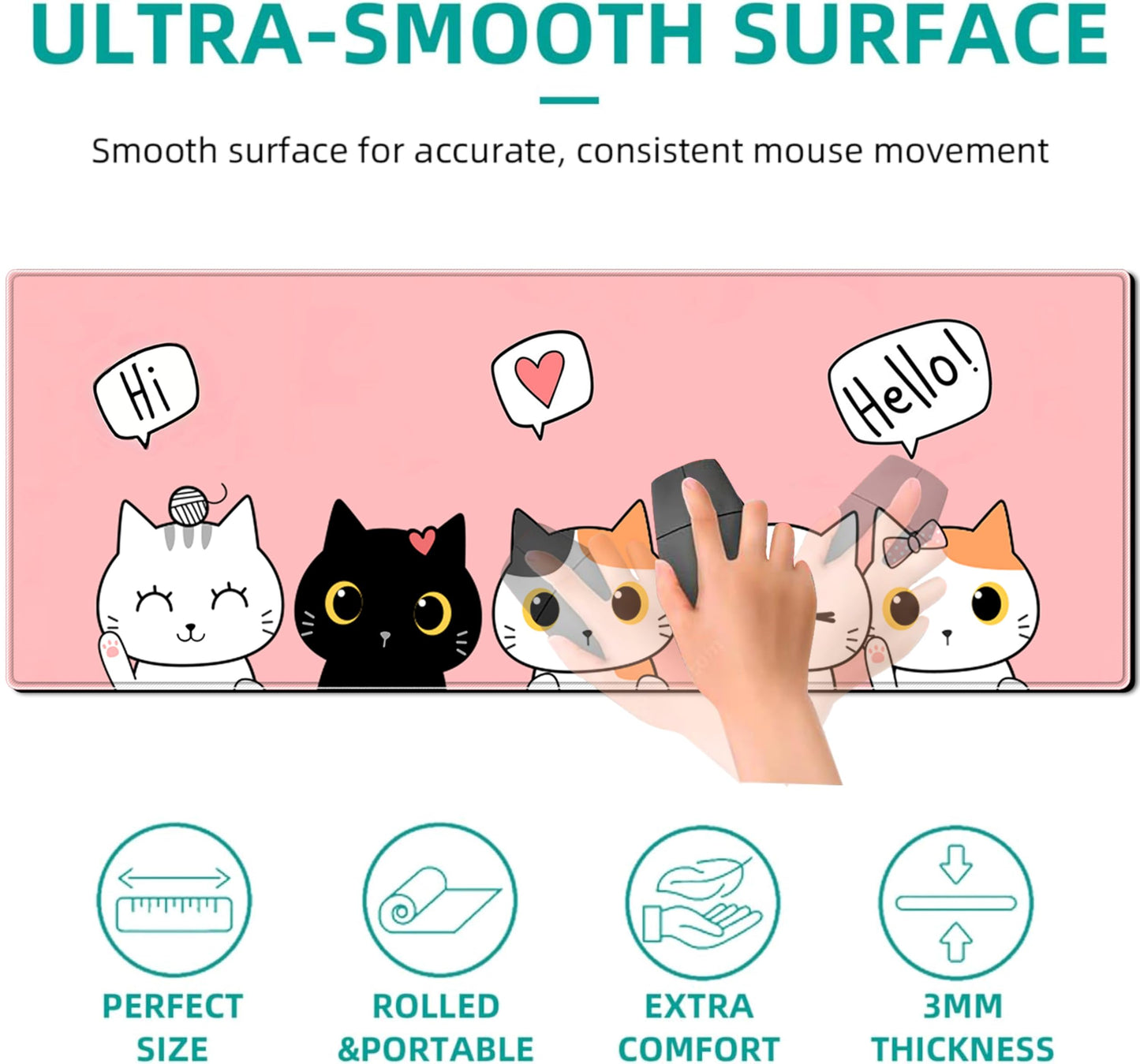 Cute Cat Gaming Mouse Pad Large Desk Mat, 31.5x11.8 Inch Mousepad Extended Non-Slip Rubber Base
