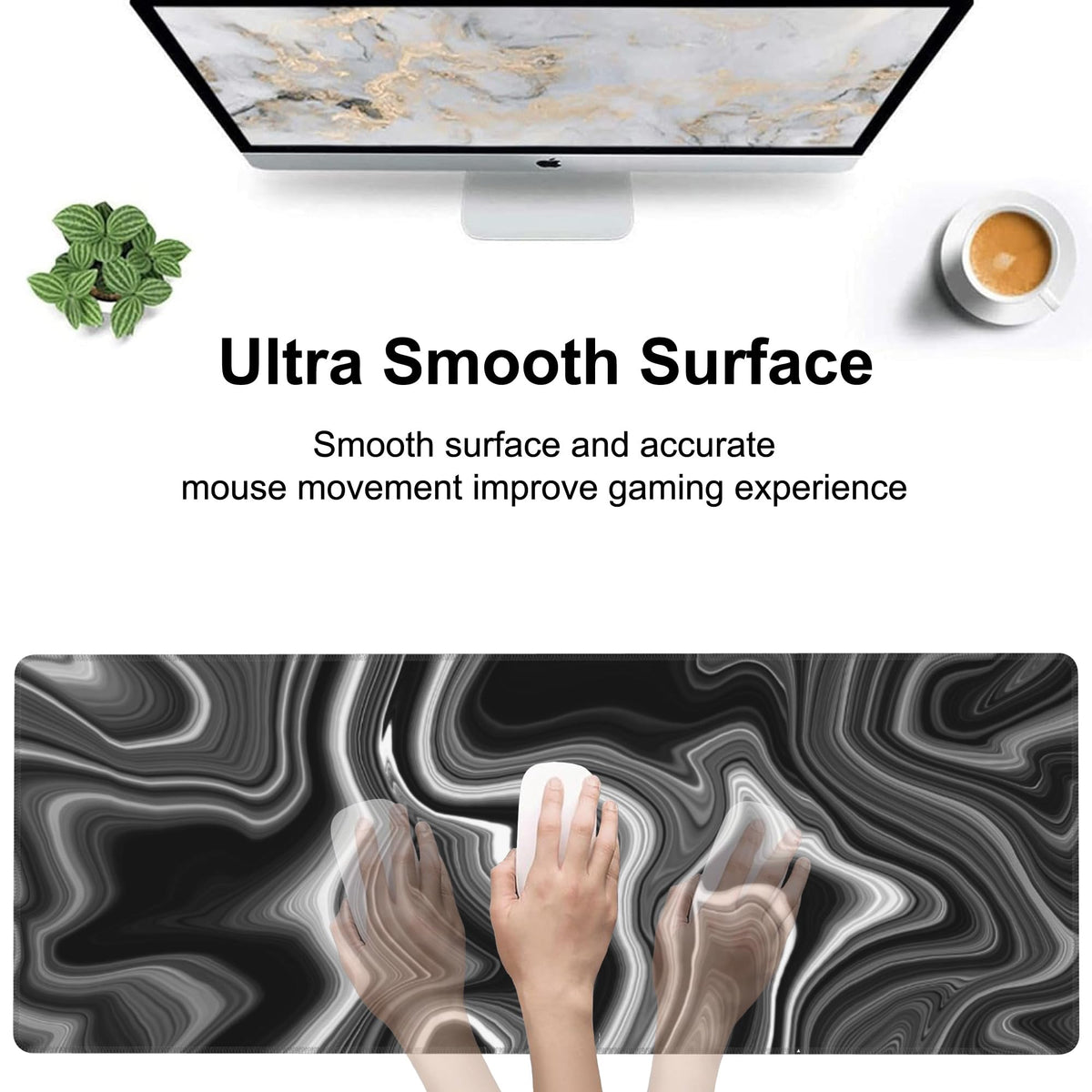 Black and White Marble Desk Mat,Large Marble Ink Texture Gaming Keyboard Mouse Pad,Non-Slip Rubber