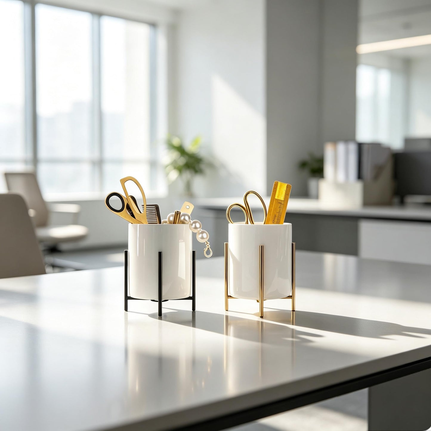 SIEBOLD Black Pencil Cup Sturdy Metal Frame with White Ceramic Pen Holder For Desks and Kitchen