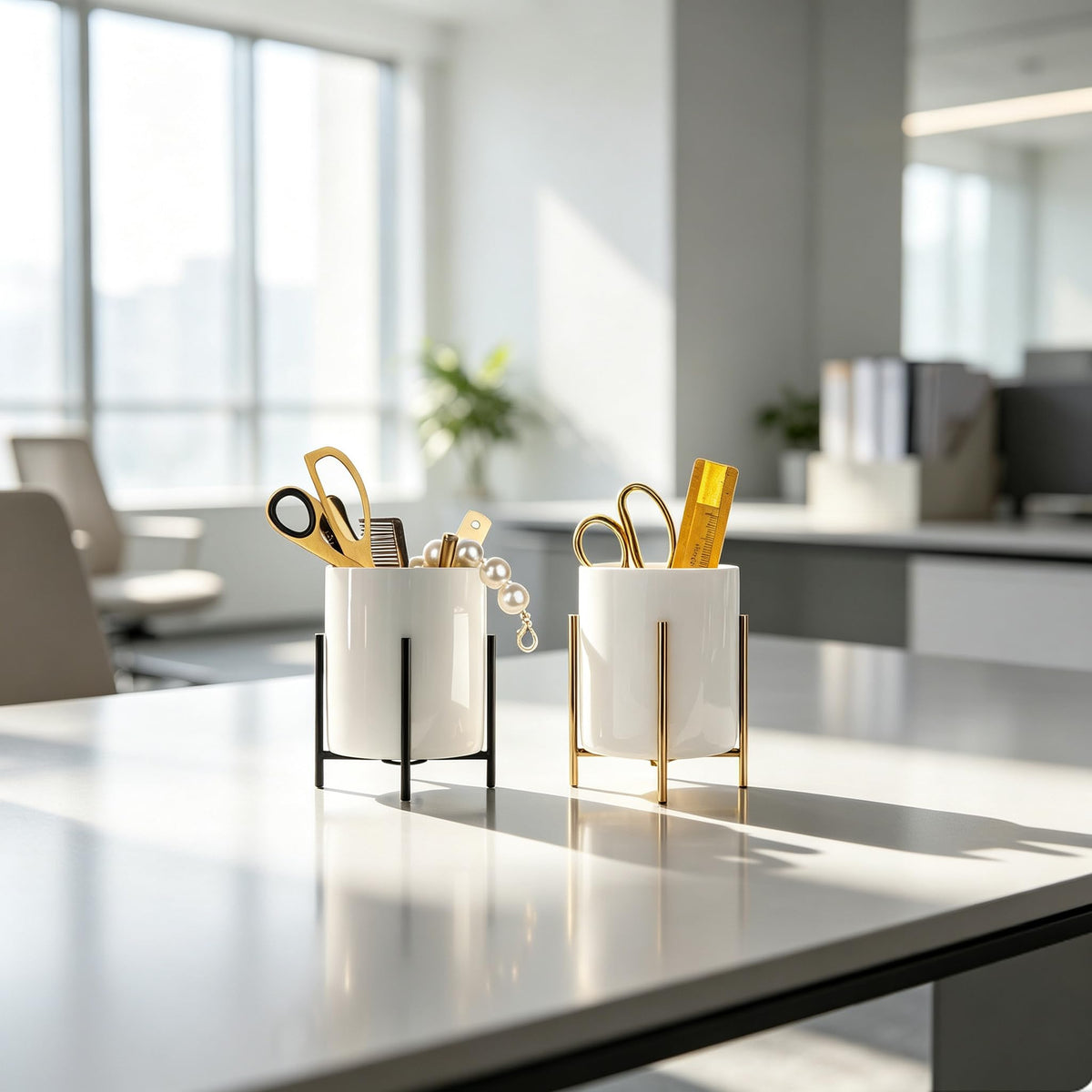 SIEBOLD Black Pencil Cup Sturdy Metal Frame with White Ceramic Pen Holder For Desks and Kitchen
