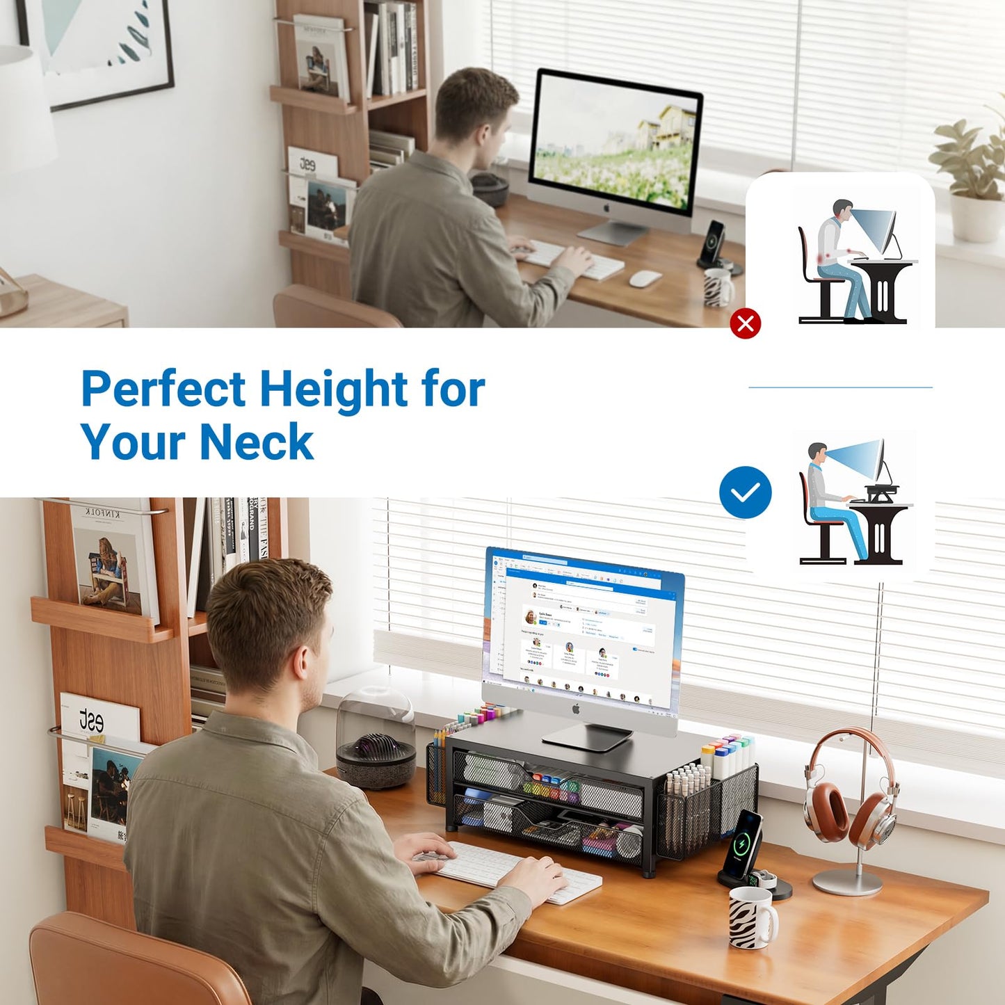 OPNICE Desk Organizer and Accessories, 2-Tier Computer Monitor Stand Riser with Drawer and 2 Pen