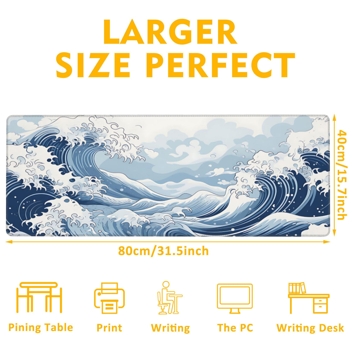 Uiaoiais Mountain Gaming Mouse Pad,Japanese Blue and White Sea Wave Desk Mat,31.5""X15.7"" Large