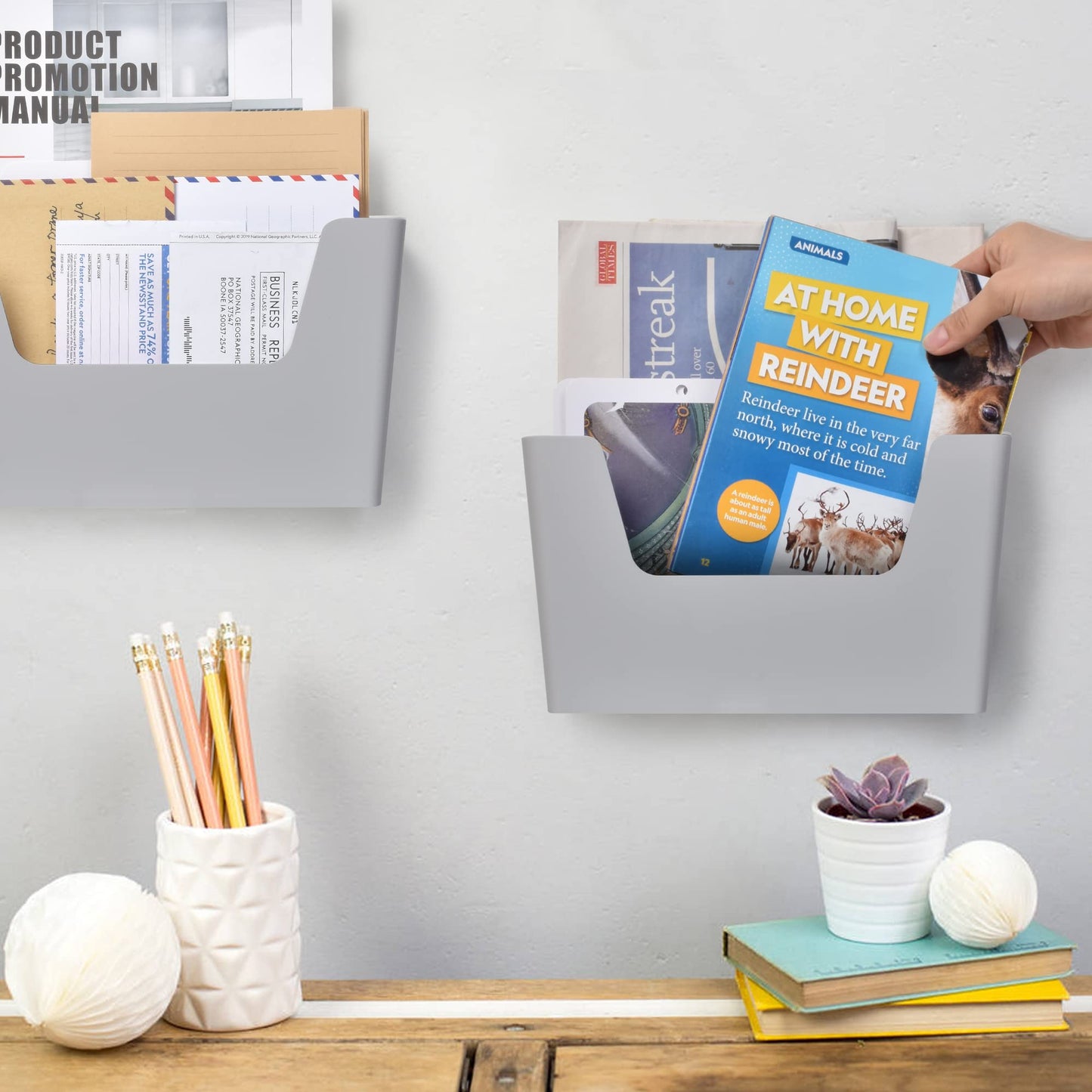 YOHOM Adhesive File Holder Plastic Document Folder Door No Drilling Mount Mail Magazine Organizer