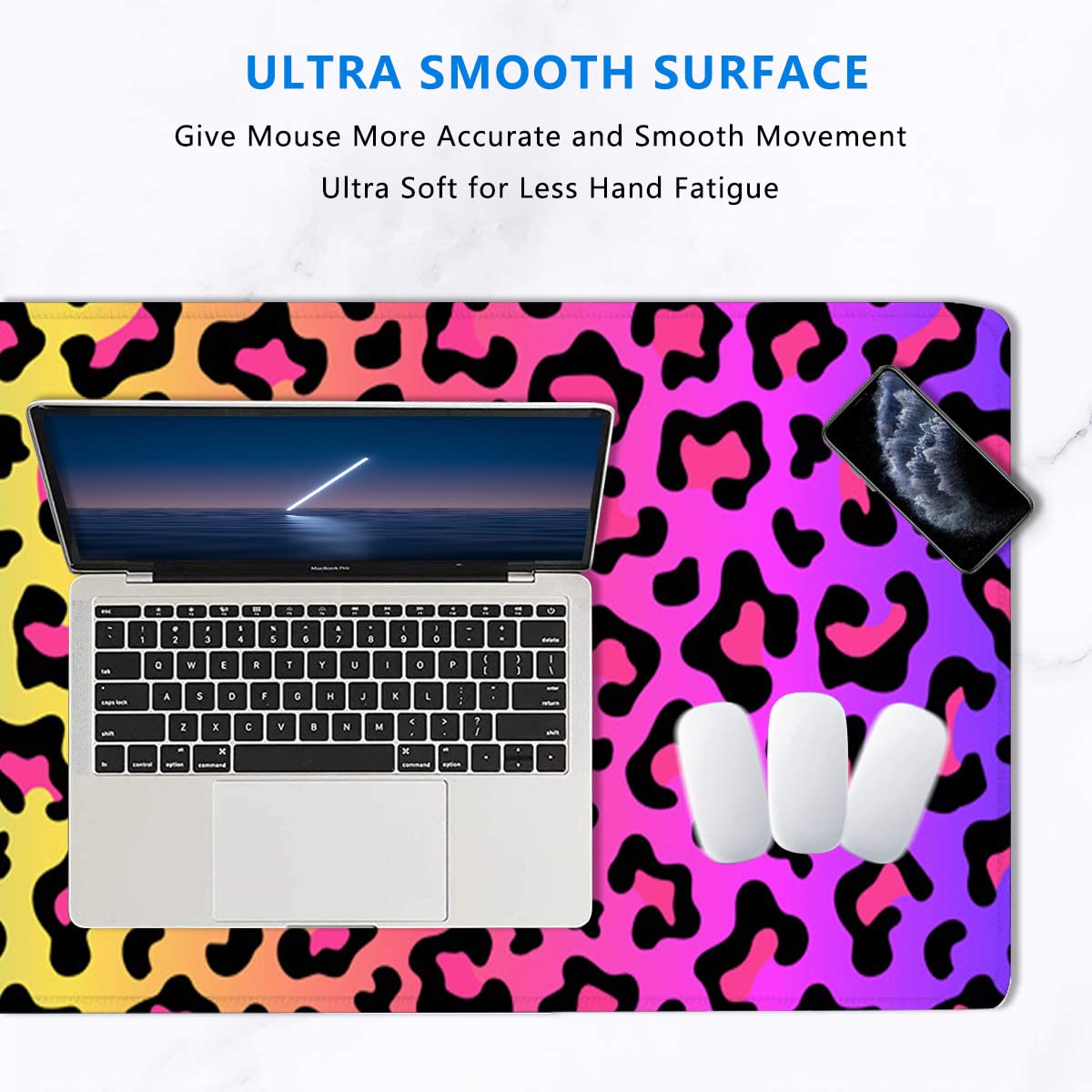 Hanazaoa Large Mouse Pad,Neon Rainbow Leopard Print Large XL Desk Mat Extended Waterproof Mouse Mat