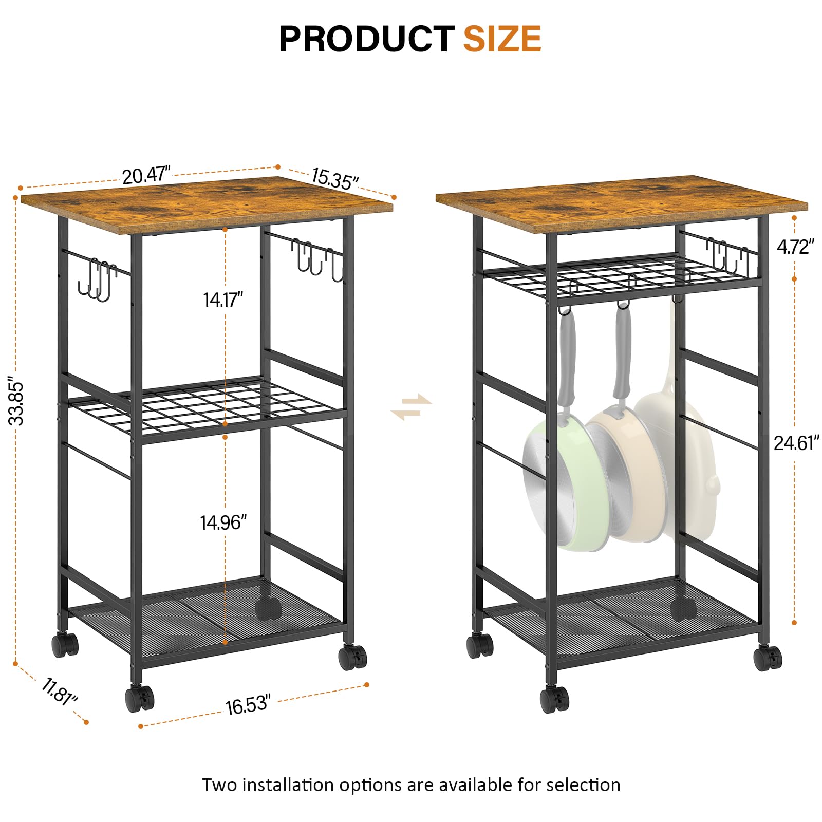 ThreeHio Rolling Kitchen Microwave Cart, 3 Tier Microwave Table Stand with Adjustable Shelf