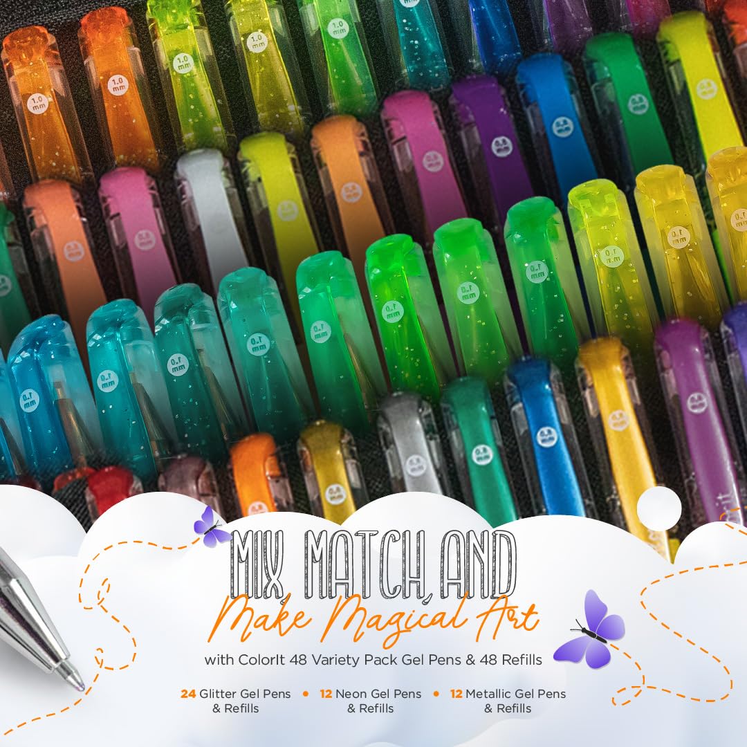 ColorIt Gel Pens for Adult Coloring – 96 Pack with 48 Premium Gel Pens & 48 Refills with 1 Travel