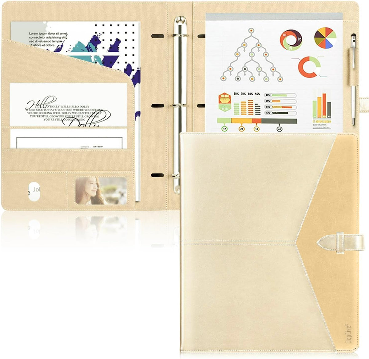 Toplive Padfolio 3 Ring Binder Organizer Business Portfolio Folder for Women, A4/ Letter Size PU