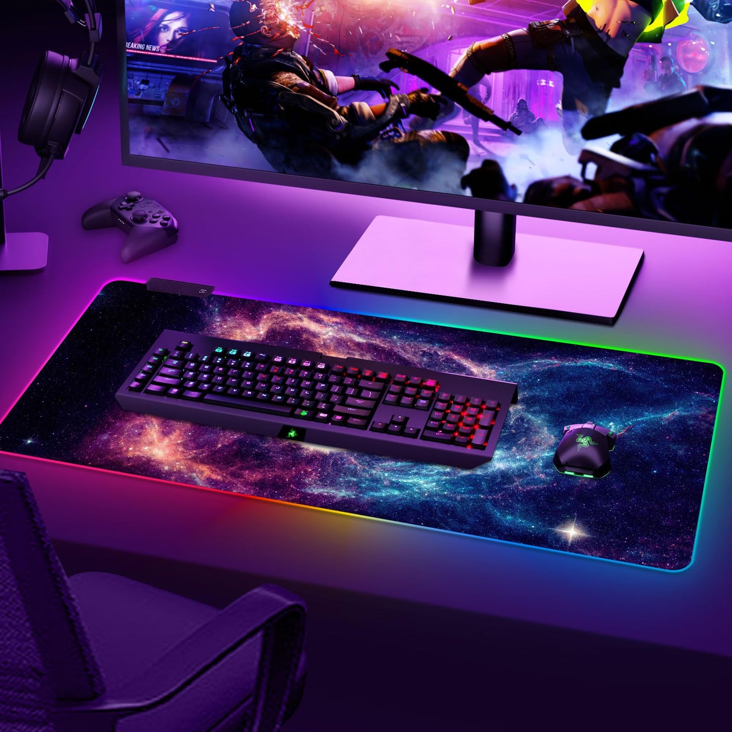 ARTSO RGB Gaming Mouse Pad, Large Mousepad with Led Light, Cosmic Starry Sky Keyboard Pad Gaming