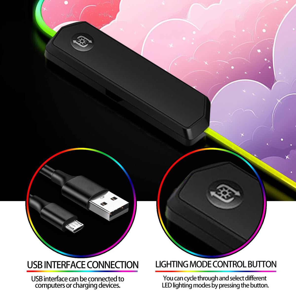JIANG100 RGB Dreamy Colorful Cloud Star Gaming Desk Mat, XL Mouse Pad, Pink