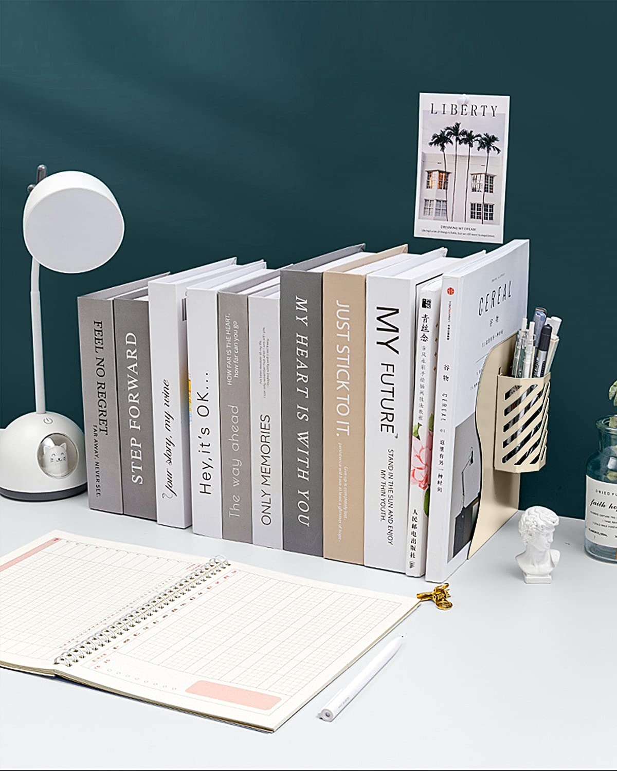 MSDADA Adjustable Bookends, Metal Book Ends for Heavy Books, Expandable Book Organizer with Pen