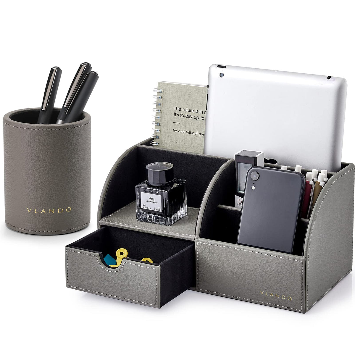 VLANDO Office Desk Organizer Leather Desktop Organizer Caddy with Drawer for Storing Desktop
