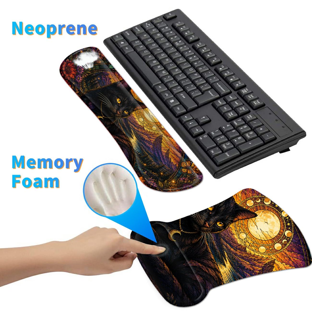 3-in-1 Ergonomic Memory Foam Keyboard Wrist Rest Pad Set, Colored Glass Cat