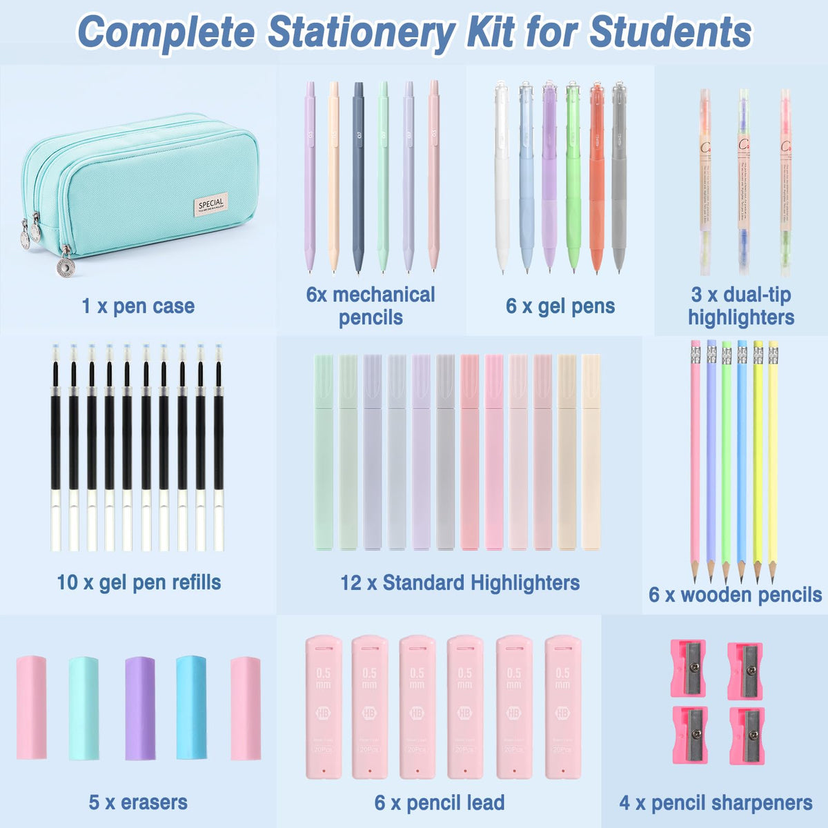 MoKo Pencil Case with Supplies, 59Pcs Aesthetic School Set, Blue