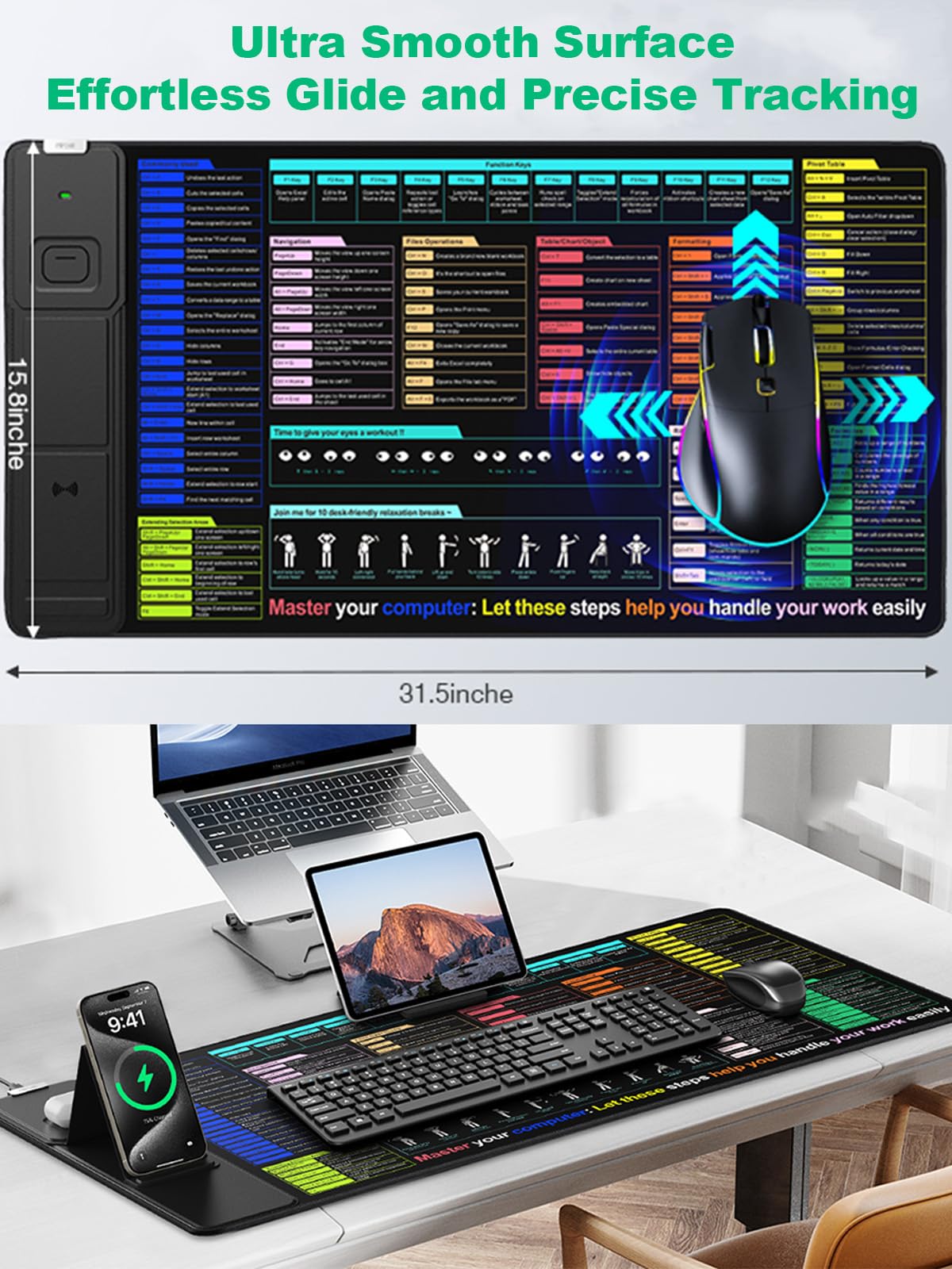 Mouse Pad with Foldable Phone Holder, Wireless Charging Desk Mat 31.5x15.75 Mousepad with Superior
