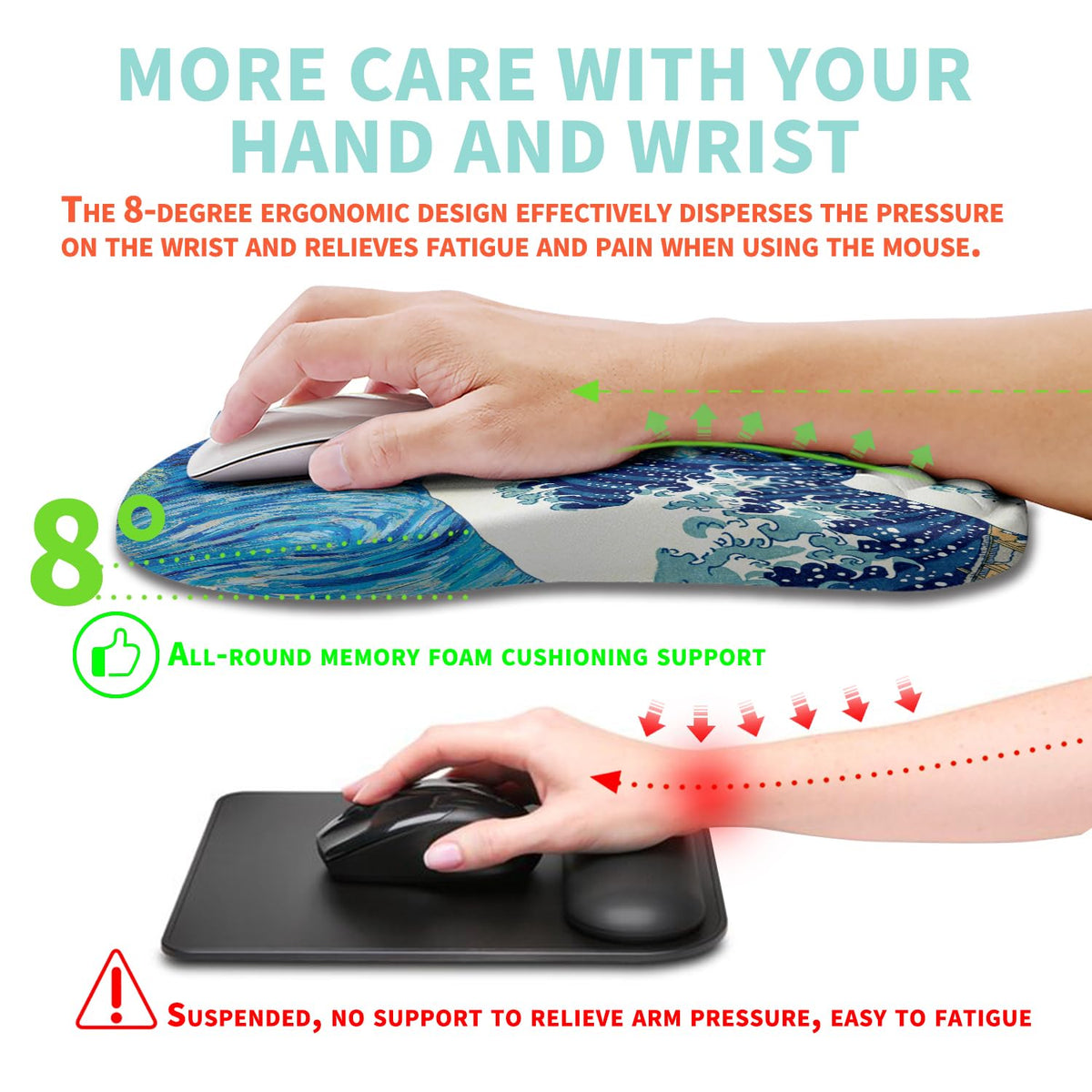 Kuosgm Ergonomic Mouse Pad Wrist Support with Memory Foam Massage Bulge, Carpal Tunnel Pain Relief