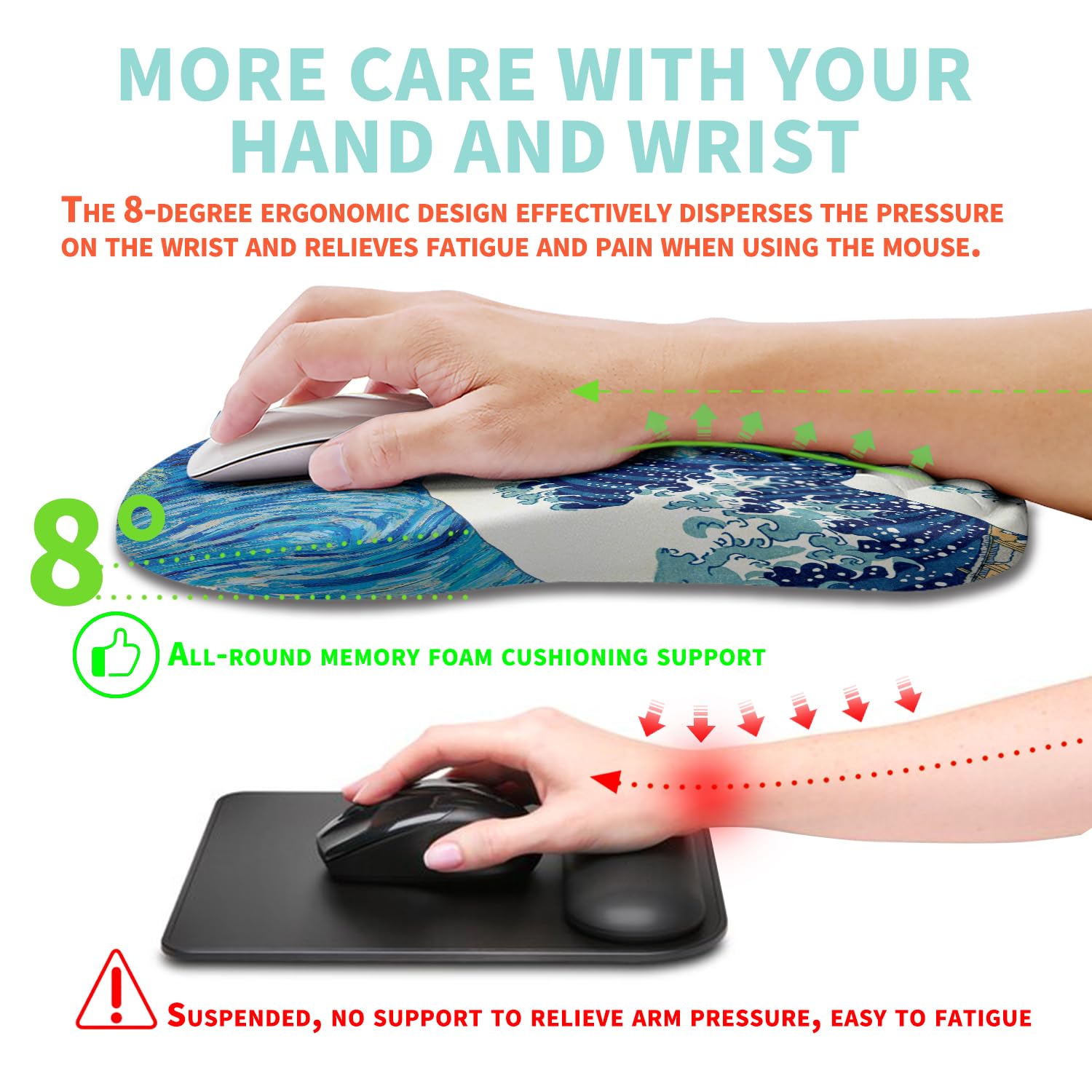 Kuosgm Ergonomic Mouse Pad Wrist Support with Memory Foam Massage Bulge, Carpal Tunnel Pain Relief