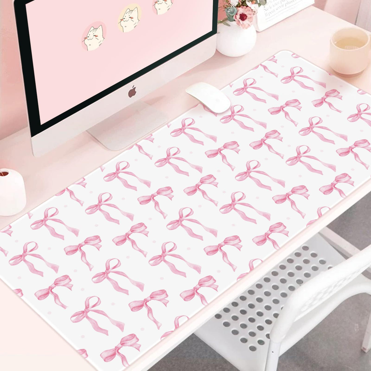 Pink Desk Mat, Bows Mouse Pad Computer Mat Desk Accessories 35.4 x 15.7in