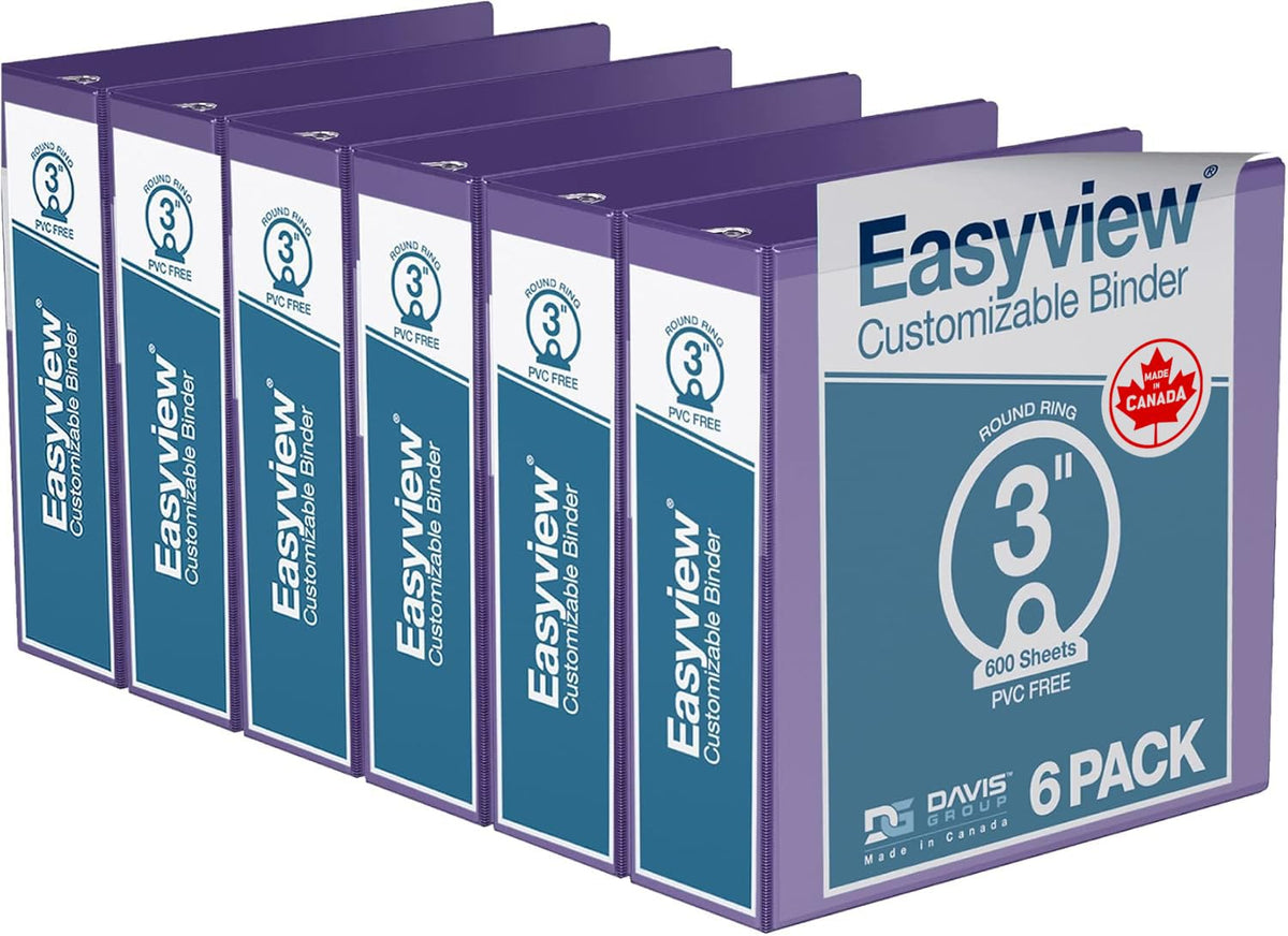 Easyview 3-Ring Binder, Clear-View Cover, 3" Round Rings, Purple, 6 Pack