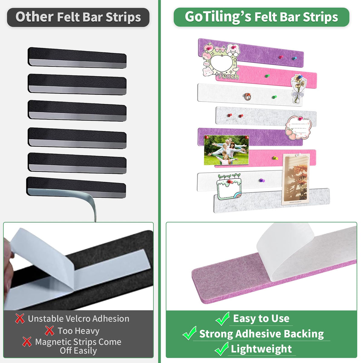 GoTiling Cork Board for Walls - 8 Pack Felt Pin Board Bar Strips - Self-Adhesive Lightweight