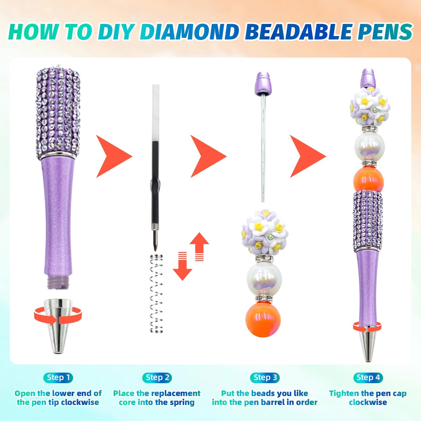 DASTTUIS 150 Pcs DIY Diamond Beadable Pen Kit - 50 Plastic Rhinestone Beaded Pens Bulk with Refills