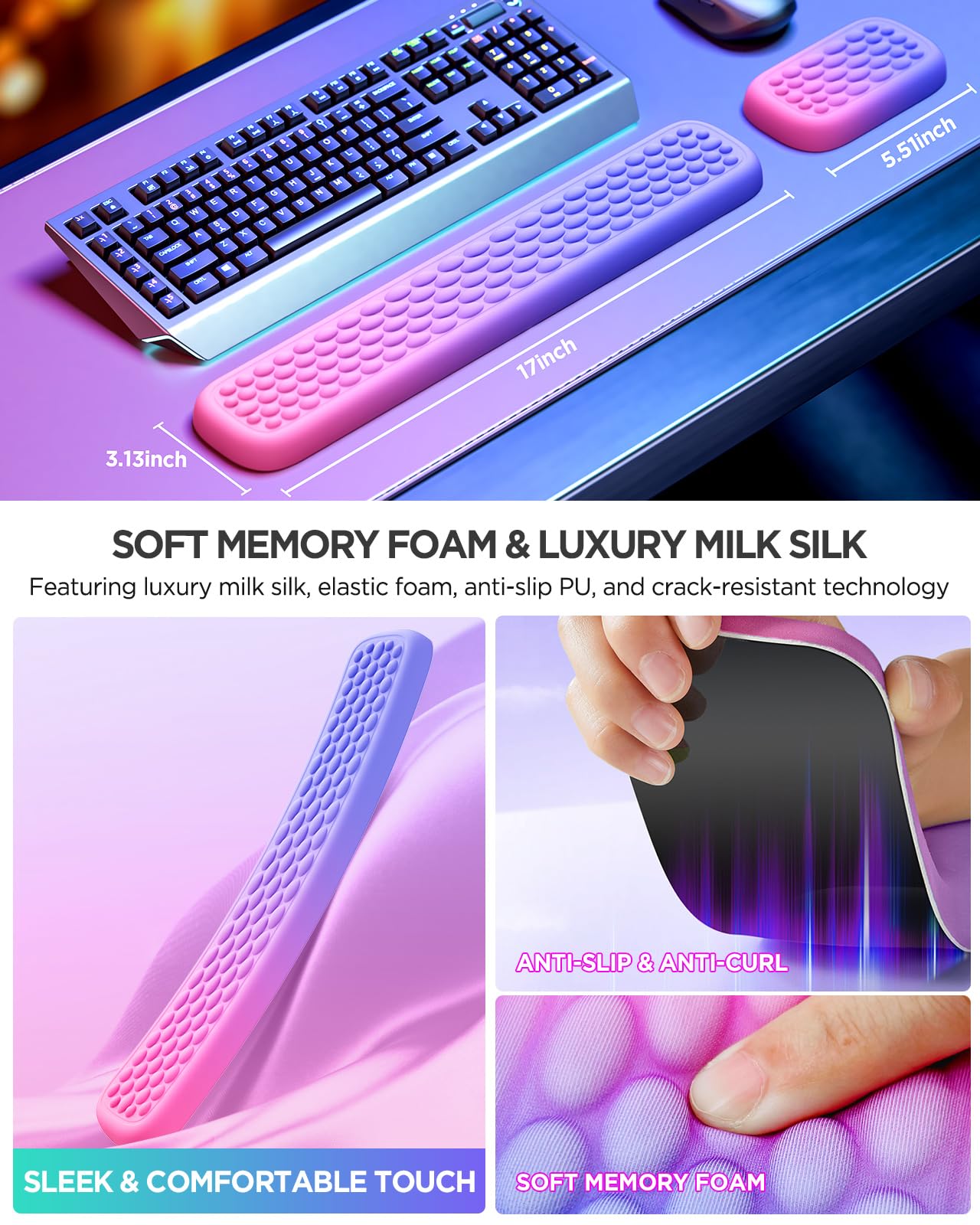 Lekvey Ergonomic Gaming Wrist Rest for Keyboard & Mouse (Pink/Purple)