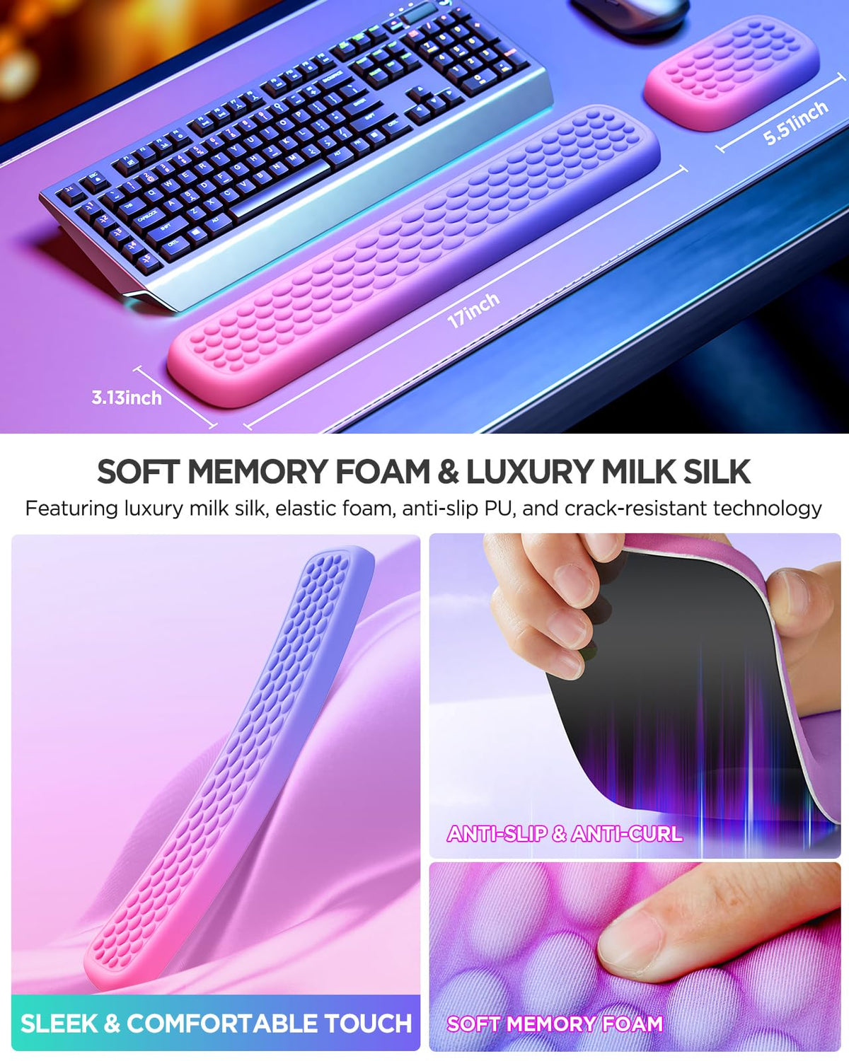 Lekvey Ergonomic Gaming Wrist Rest for Keyboard & Mouse (Pink/Purple)