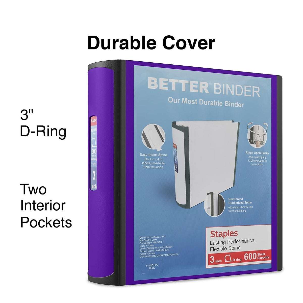 Staples Better 3-Inch D-Ring 3-Ring Binder, Purple, 600 Sheets