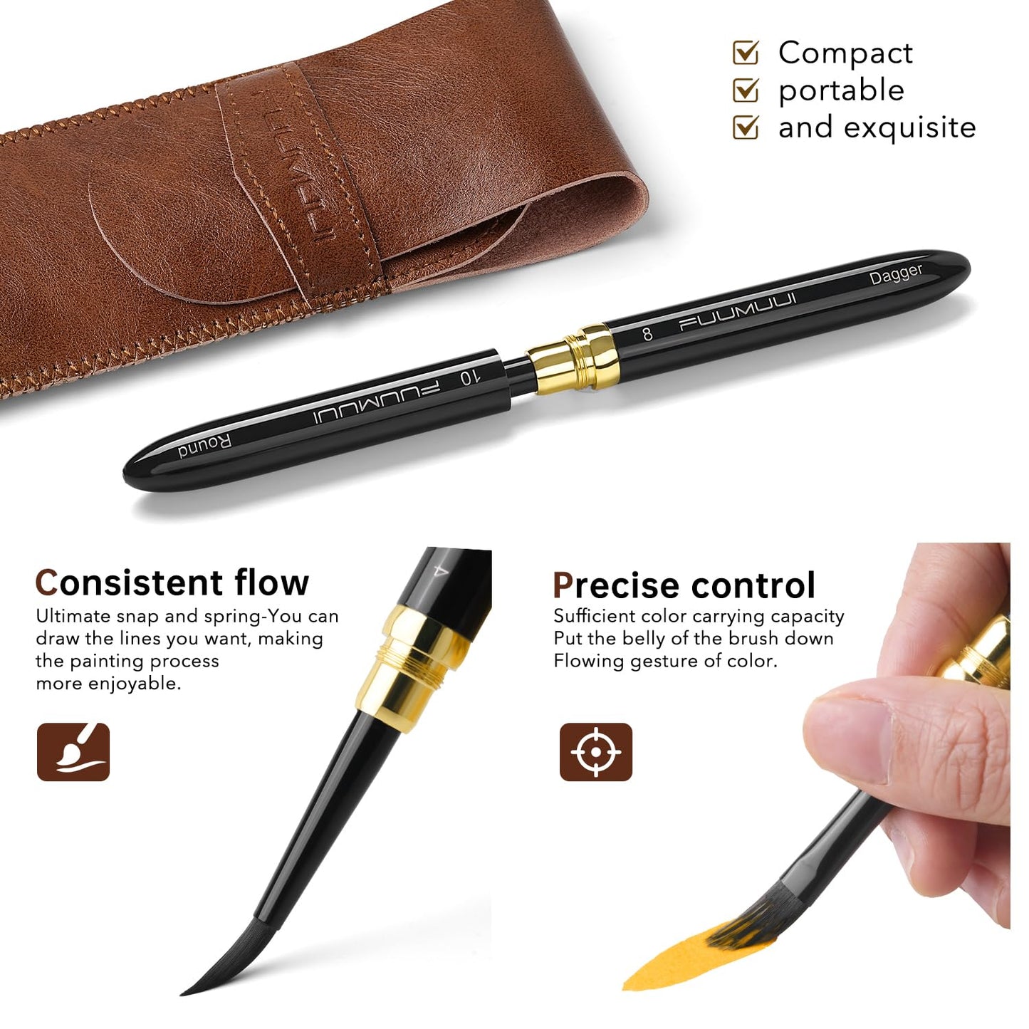 Fuumuui Travel Watercolor Brushes - 3pcs Dual-Tip with 6 Versatile Tip Styles - Premium Synthetic